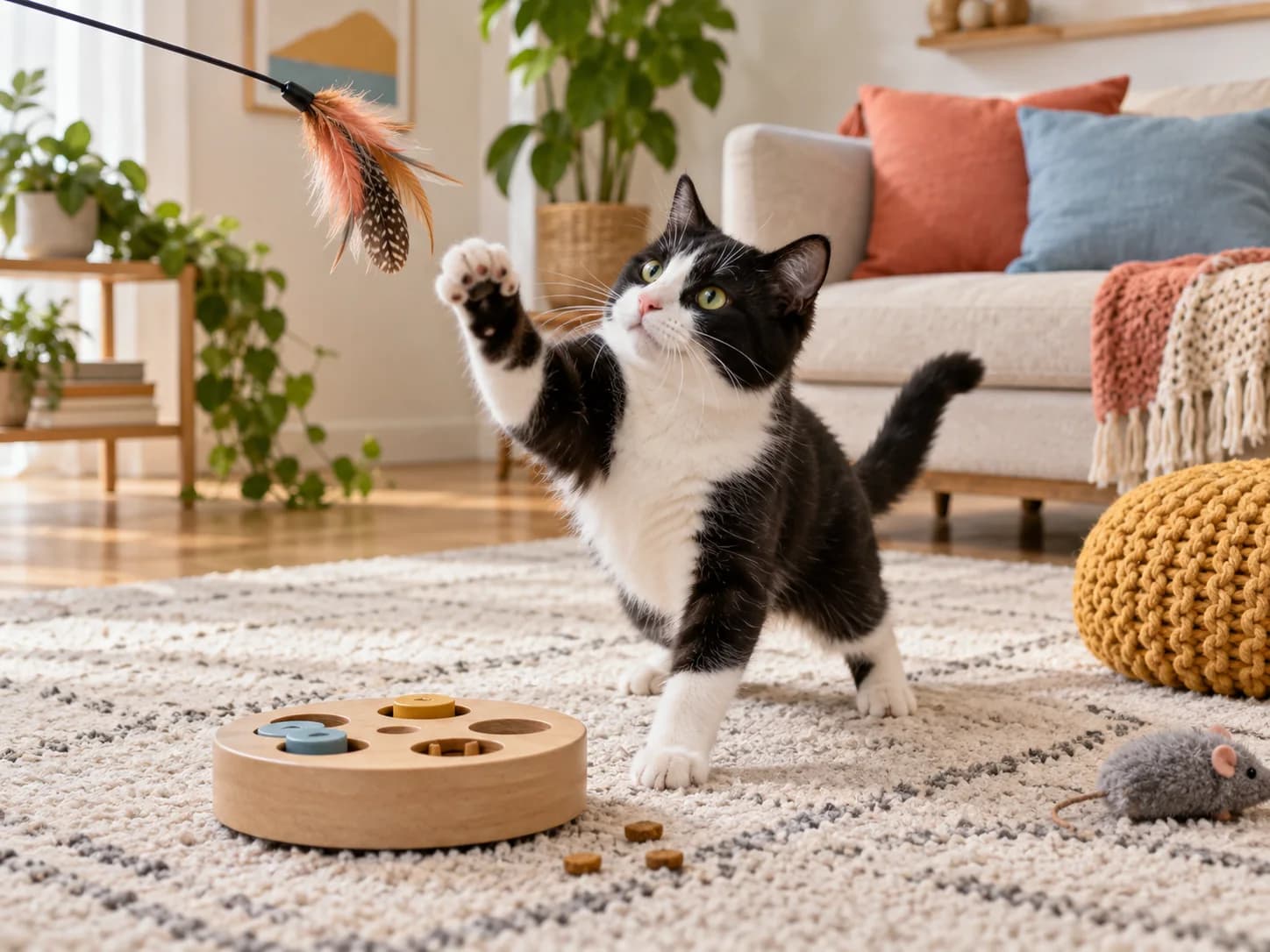 Gato brincando com uma varinha e um quebra-cabeça de petiscos