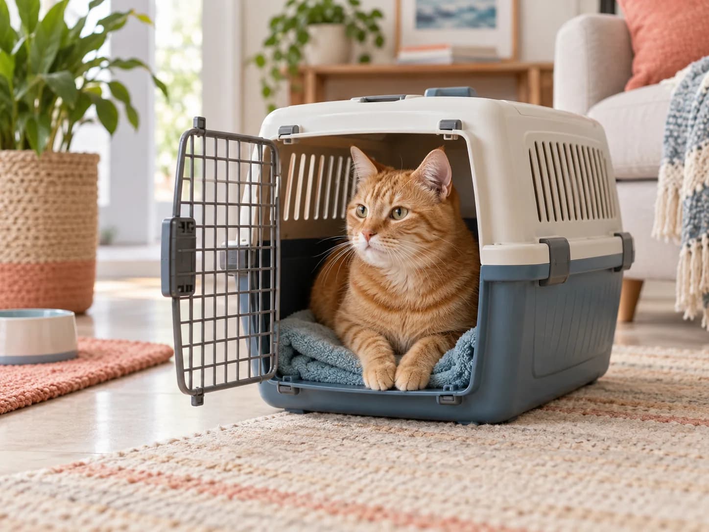 Gato acomodado dentro de uma caixa de transporte aberta