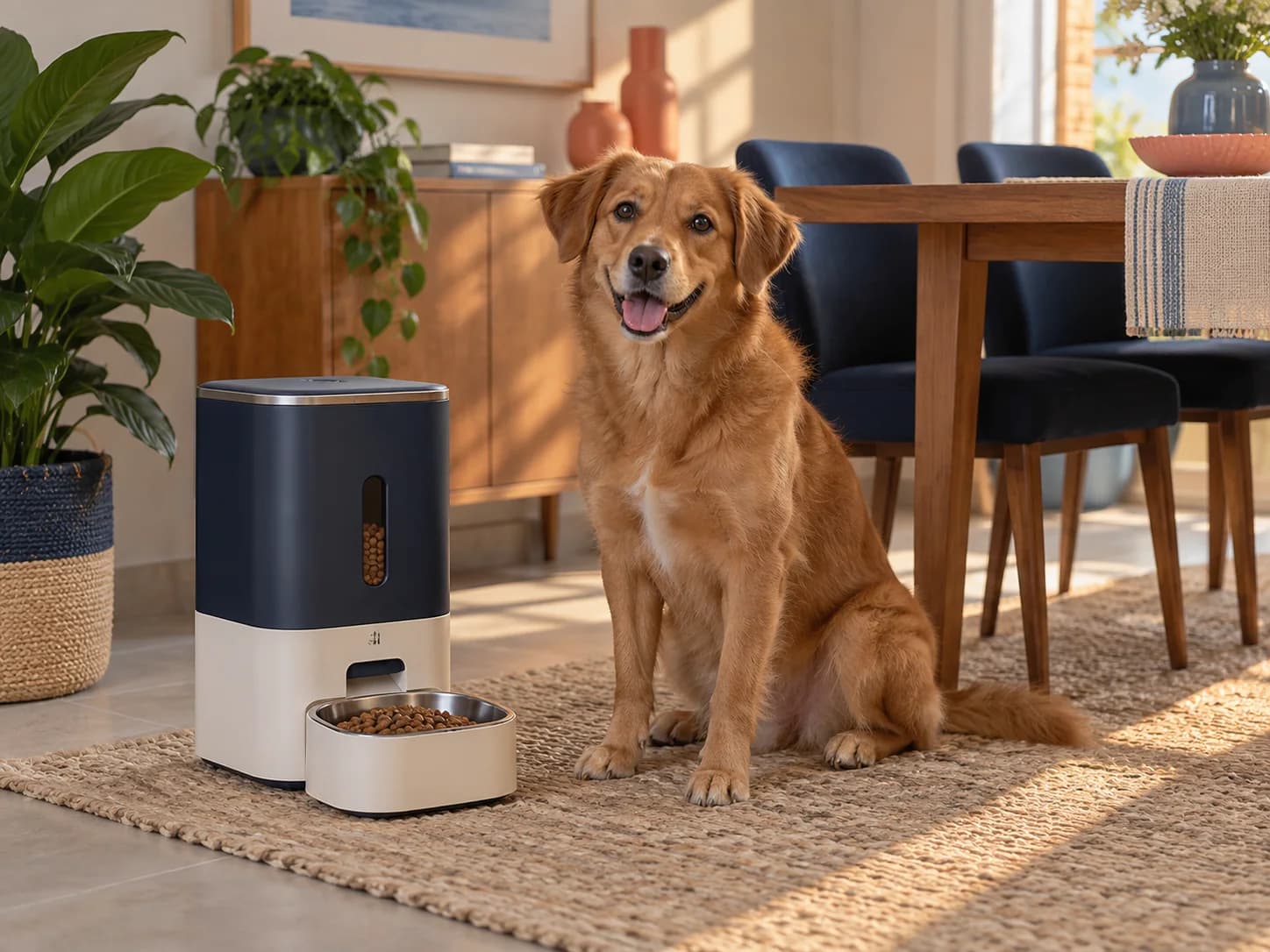 Cachorro sentado ao lado de um comedouro automático