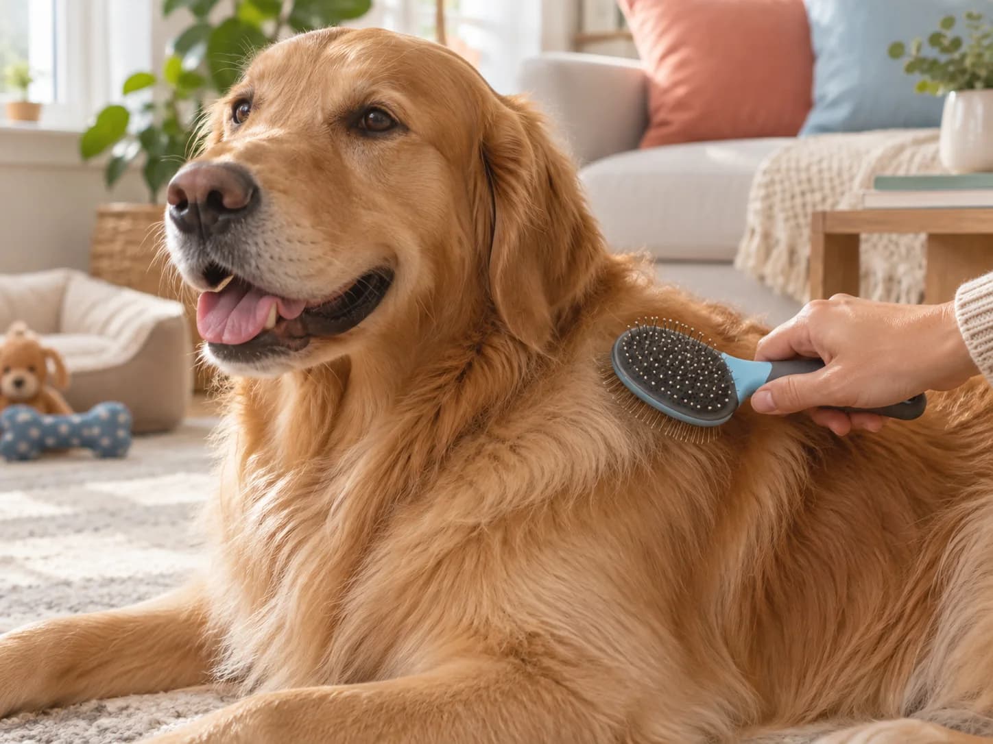 Cachorro de pelo longo sendo escovado com calma
