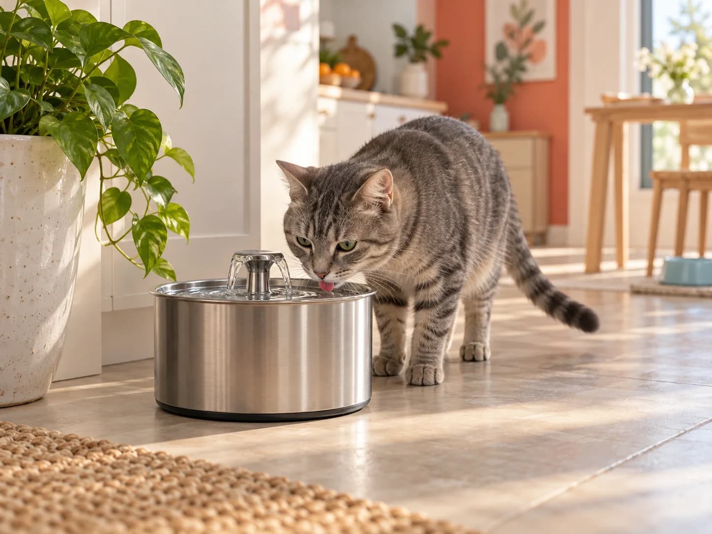 Gato bebendo água em uma fonte de aço inox